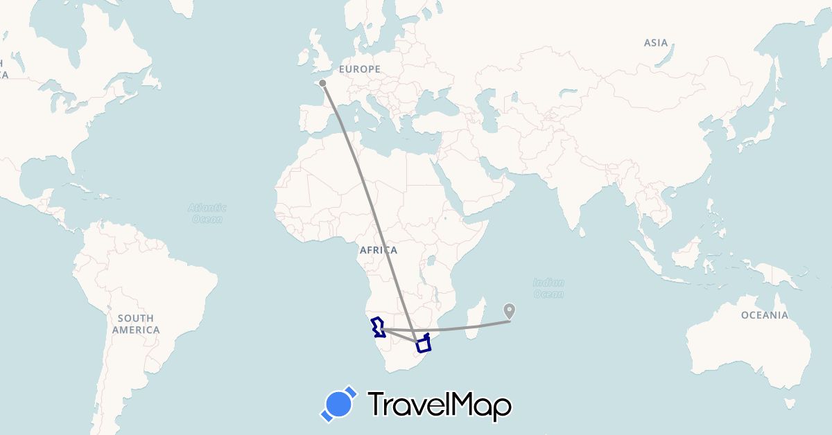 TravelMap itinerary: driving, plane in France, Lesotho, Mauritius, Namibia, Swaziland, South Africa (Africa, Europe)